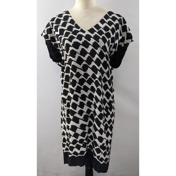 Derek Lam 10 Crosby Silk Shift Dress Black Cream Abstract Print 10 V-neck Lined - Picture 1 of 9